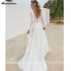 ZapDress Chiffon V Neck Wedding Dress Bride Applique A-Line Civil Double V-Neck Puff Sleeves Bride Gowns Customized