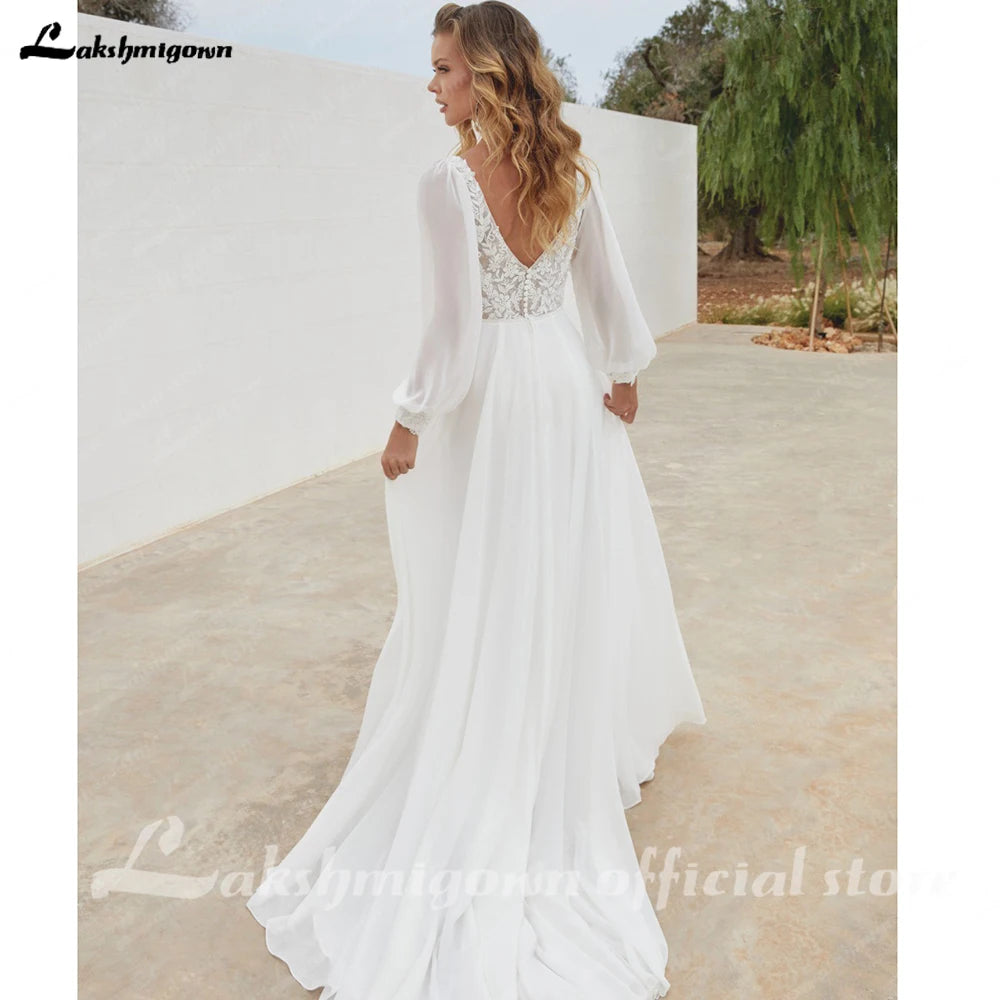 ZapDress Chiffon V Neck Wedding Dress Bride Applique A-Line Civil Double V-Neck Puff Sleeves Bride Gowns Customized