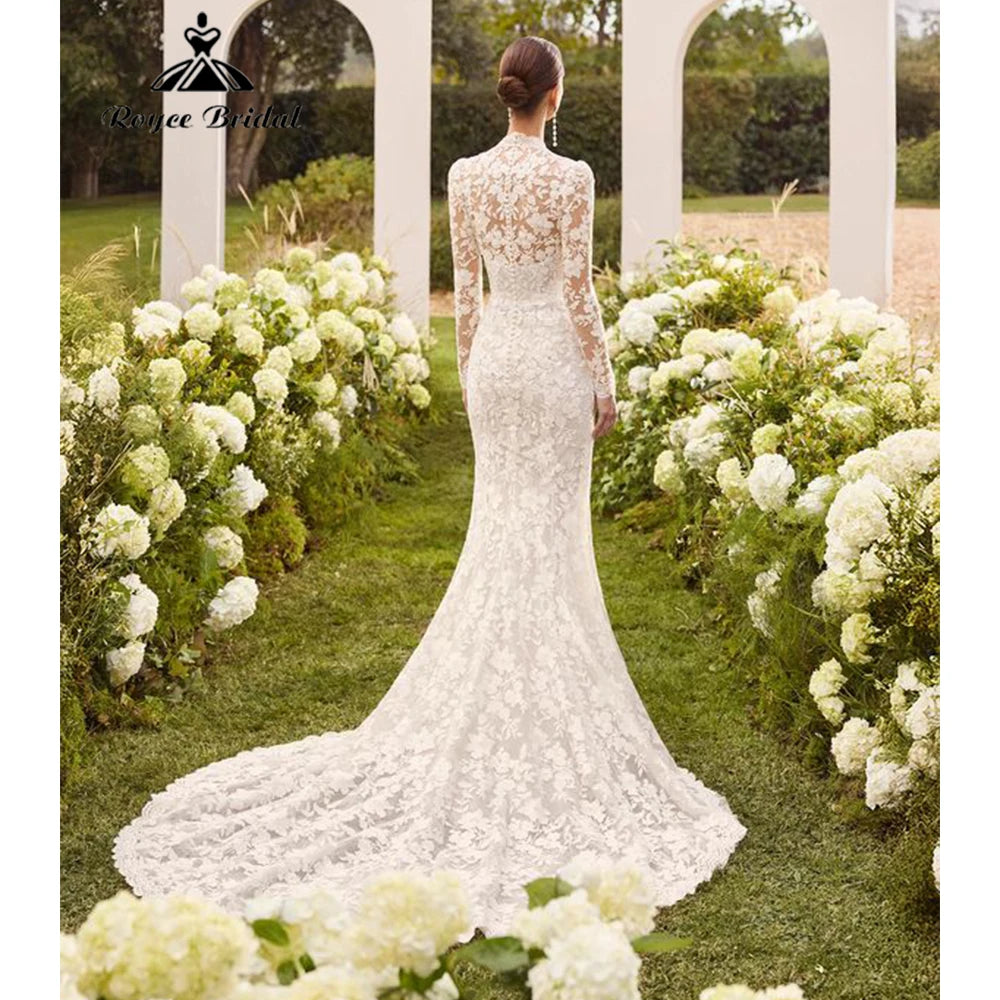 RoyceBridal Long Sleeve Floral Lace Mermaid Wedding Dress V Neck Front Slit Full Lace Back Chapel Train Bridal Gown Customized