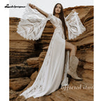 Lakshmigown Bohemian Wedding Dress Split V-Neck Customized Bell Sleeve Backless A-line Chiffon Lace Bridal Wedding Dress