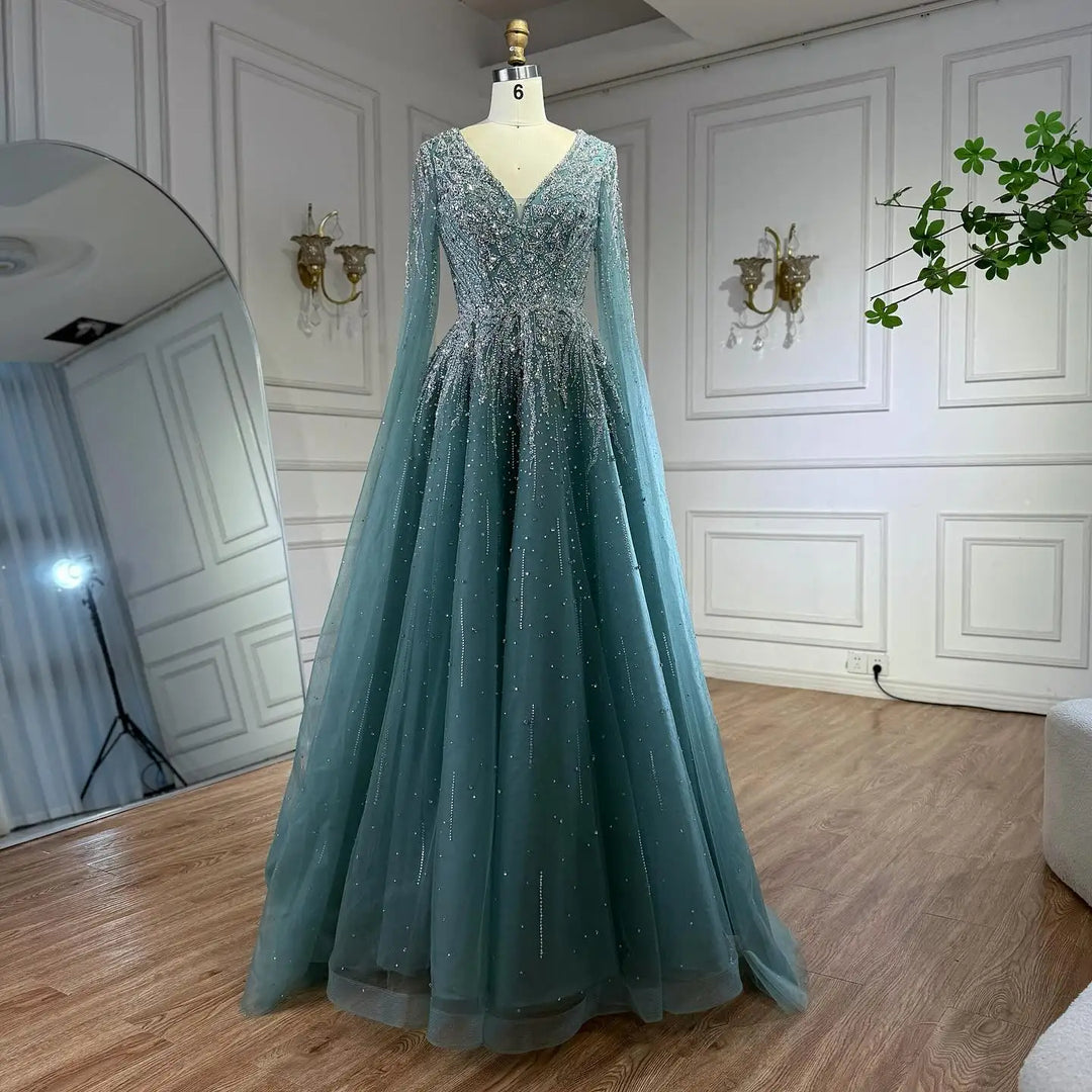 Serene Hill 2026 Customized Pink Luxury Beaded A Line Evening Dress with Cape Sleeves Party Gowwns for Wedding Guest DLA73269