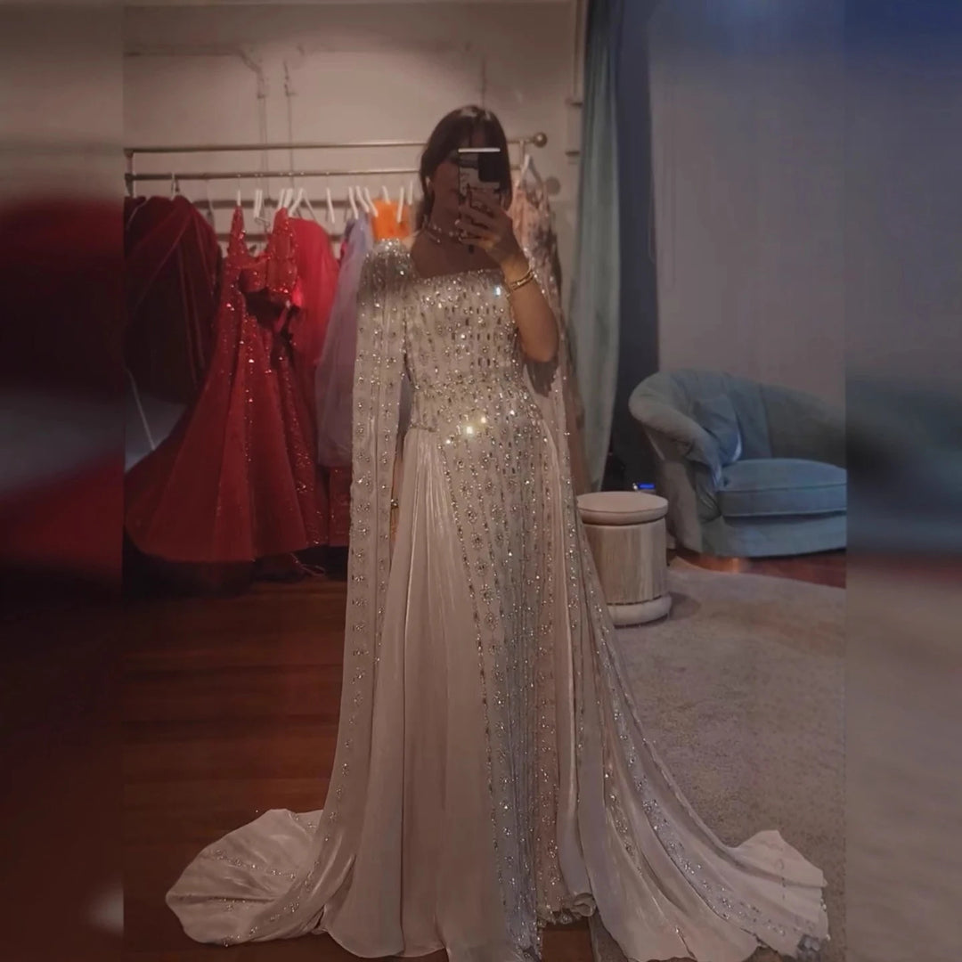 Serene Hill Luxury Beaded Evening Gown Elegant Cape Sleeve Square Neck Muslim Wedding Party Dress 2026 DLA73272 Customized
