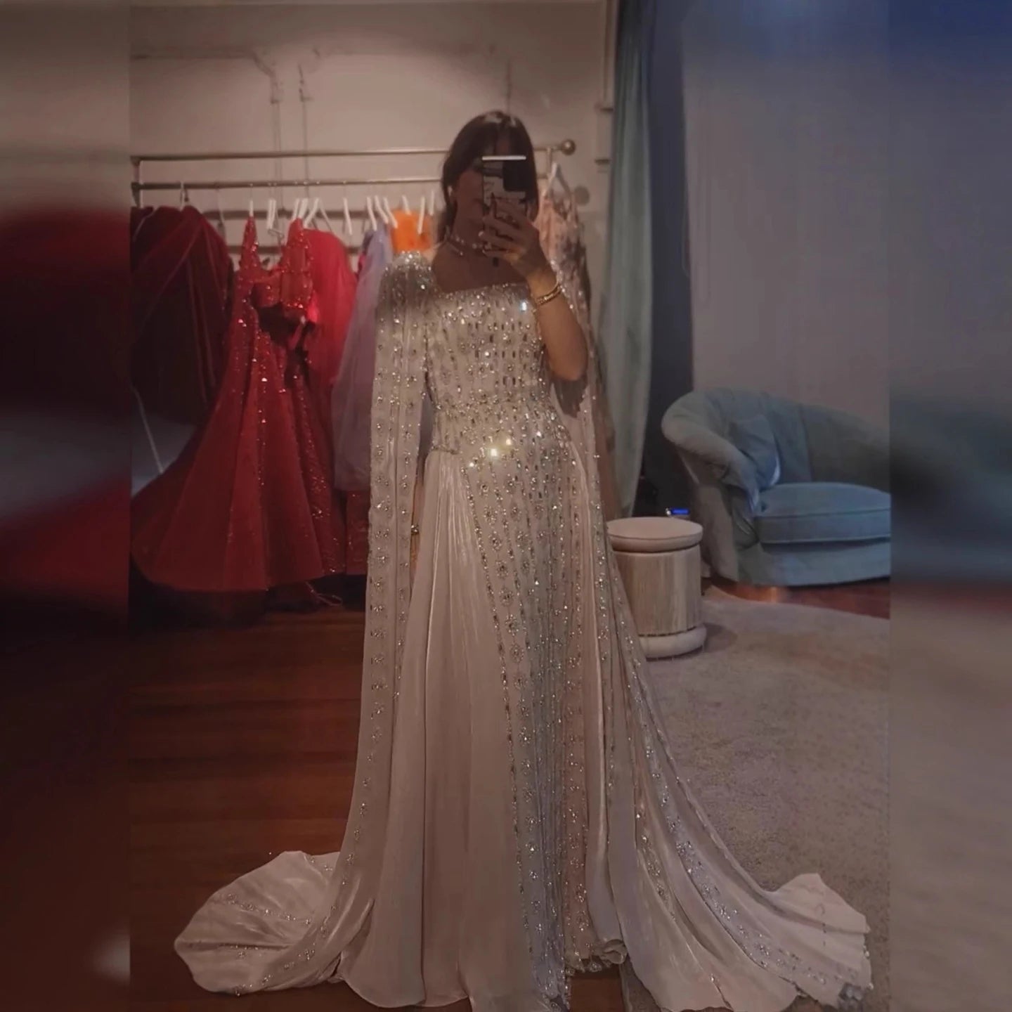 Zapdress Luxury Beaded Evening Gown Elegant Cape Sleeve Square Neck Muslim Wedding Party Dress 2026 DLA73272 Customized (ZD17380)