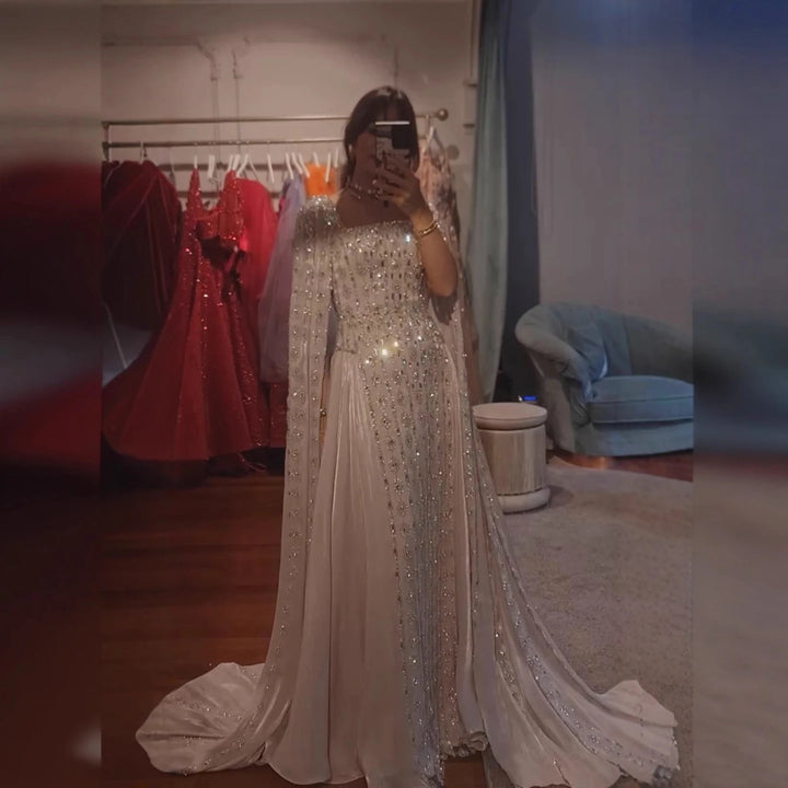 Serene Hill Luxury Beaded Evening Gown Elegant Cape Sleeve Square Neck Muslim Wedding Party Dress 2026 DLA73272 Customized