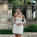 Glamorous A Line Wedding Dress Lace Strapless Removeable Sleeves Celebrate Bridal Gown Short Vestidos De Novia Customized
