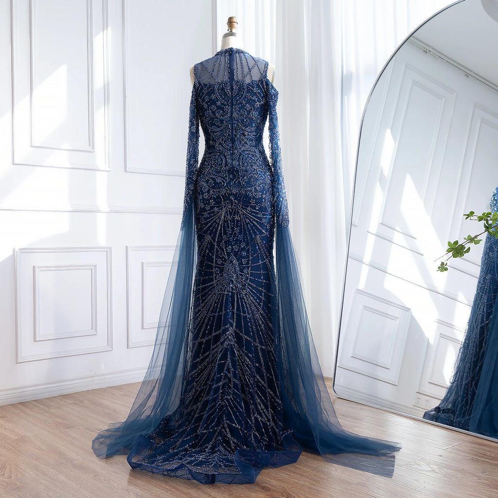 Zapdress Navy Blue O-neck Cold Shoulder Mermaid Beaded Evening Dress Party Gowns with Cape Sleeves Customized (ZD17373)