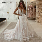 LORIE Boho Lace Elegant Wedding Dresses Low-Cut V-Neck Applique Bride Gowns Princess Spaghetti Strap Bridal Gown PartyCustomized