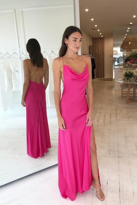 Simple Hot Pink Criss Cross Long Evening Dresses Silk Satin Prom Dress With Slit Y63 Hover Image