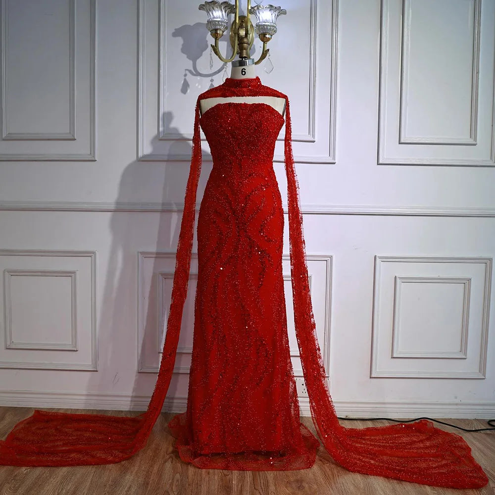 Serene Hill Red Mermaid Detachable Cape Sleeves Evening Dresses with Lace Up Back Party Gowns for Women DLA72824 Customized