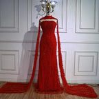 Serene Hill Red Mermaid Detachable Cape Sleeves Evening Dresses with Lace Up Back Party Gowns for Women DLA72824 Customized