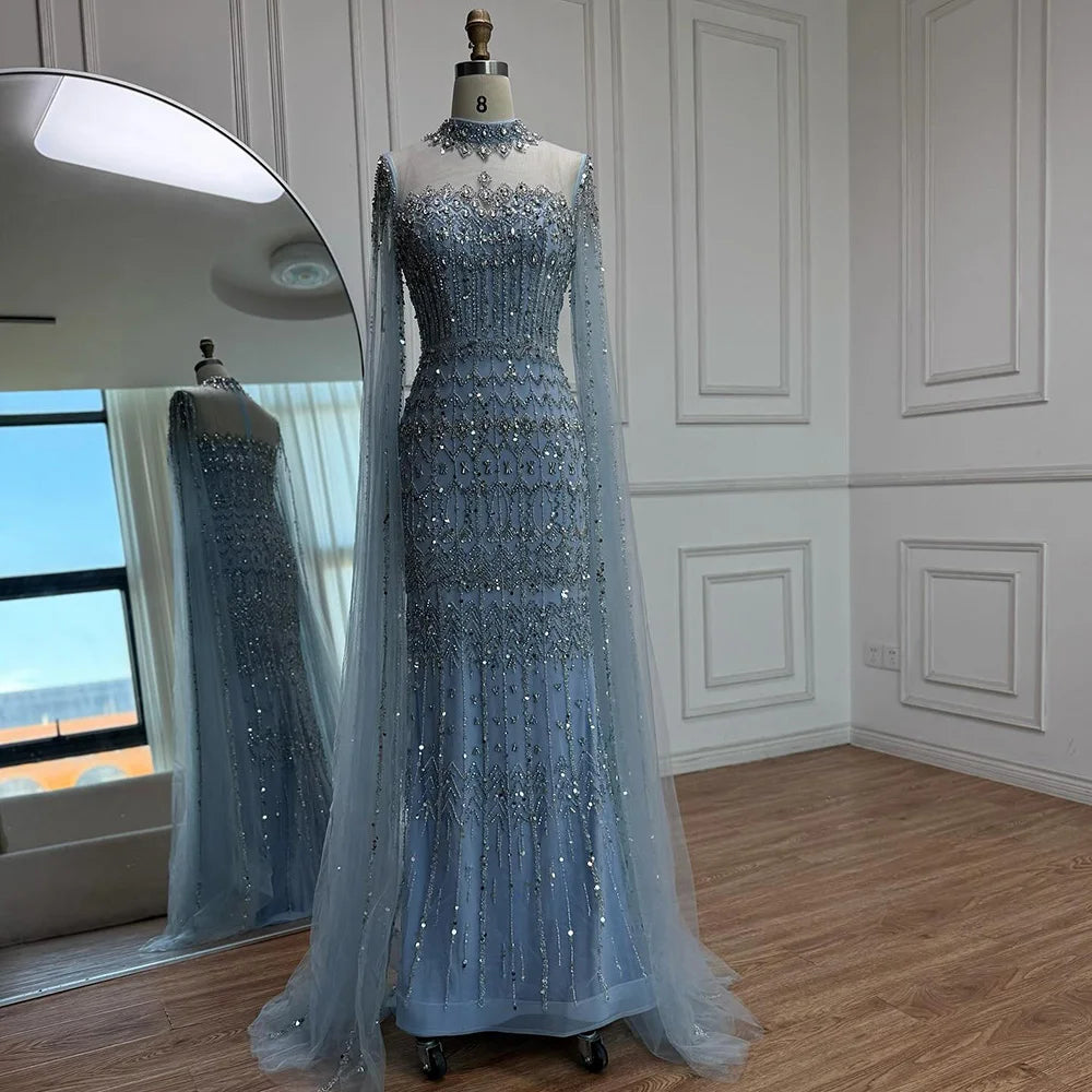 Serene Hill Dubai Blue Beaded Evening Dress with Cape Sleeves 2025 Formal Party Gowns for Women DLA72714A Customized