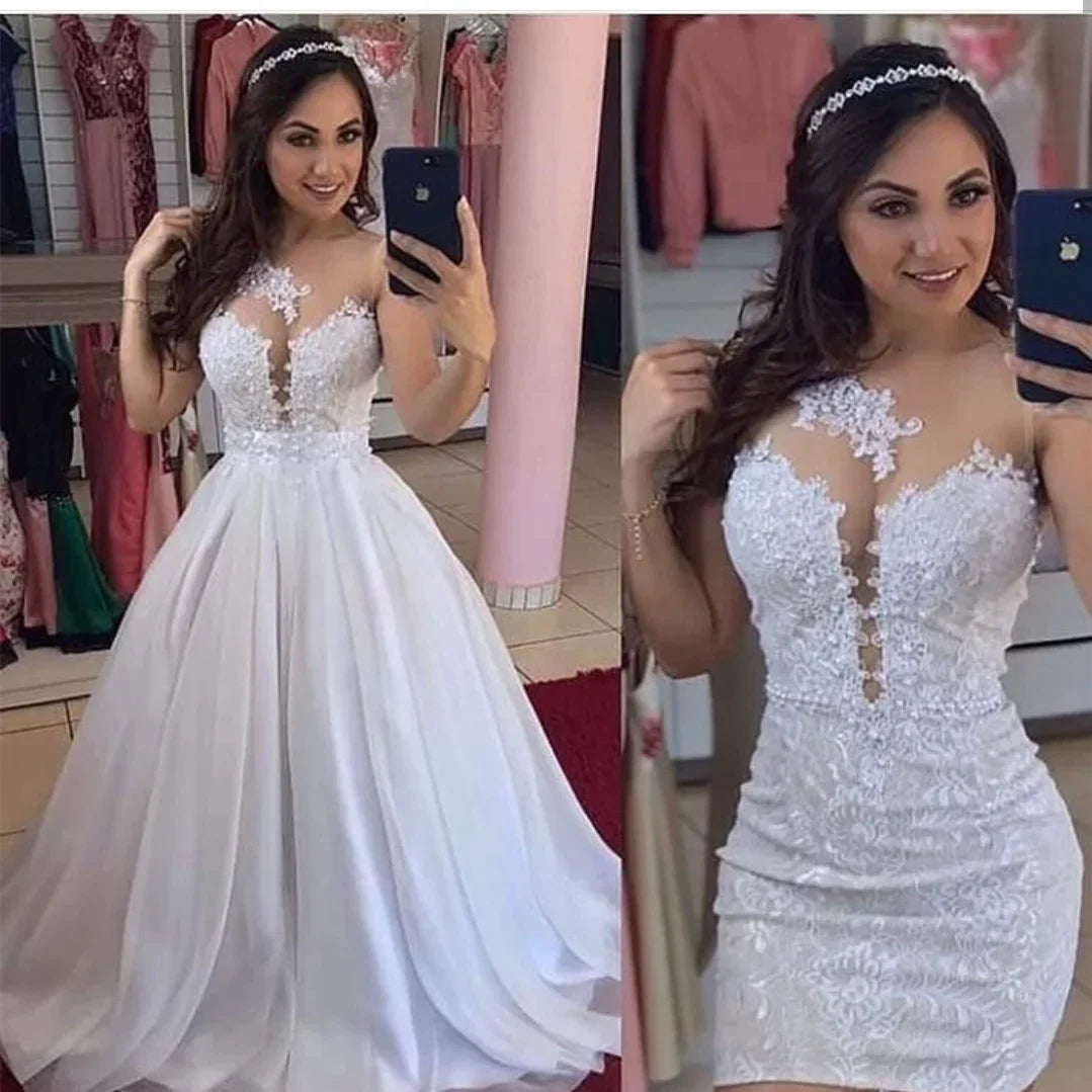 Two Pieces Detachable Train Wedding Dresses Sheath Illusion Lace 2 in 1 Bridal Gowns Vestidos de noiva