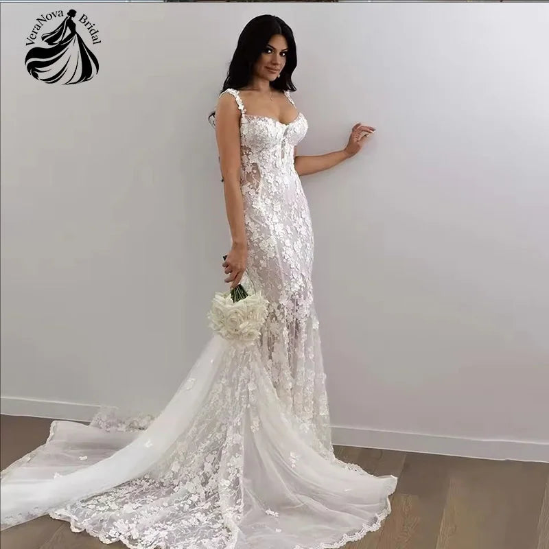 VeraNova Mermaid Wedding Dress Sweetheart Lace Appliques Flowers Bride Gown Elegant Beach Boho Bride Dress Sexy Customized