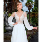 Wedding Dress Long Sleeve A-Line Appliques Beaded Bride Gown Beach Princess BECHOYER HB78 Plus Size Customized Vestido de Noiva
