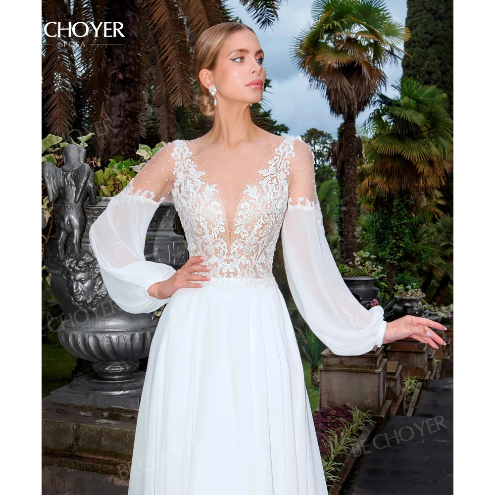 Wedding Dress Long Sleeve A-Line Appliques Beaded Bride Gown Beach Princess BECHOYER HB78 Plus Size Customized Vestido de Noiva