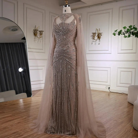 Luxury Caramel Mermaid Evening Dress with Cape Sleeves LA73052