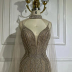 Zapdress 2025 Customized Dubai Caramel Mermaid Arabic Evening Dresses with Beaded Cape Sleeves for Party (ZD17351)