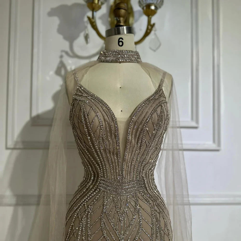 Zapdress 2025 Customized Dubai Caramel Mermaid Arabic Evening Dresses with Beaded Cape Sleeves for Party (ZD17351)
