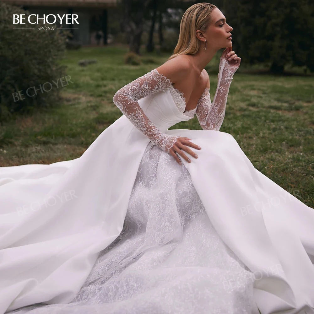 Off the Shoulder A-Line Wedding Dress 2026 Appliques Long Sleeve Customized Bride Gown Princess BECHOYER EL350 Vestido De Noiva