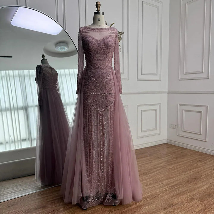 Serene Hill Pink Long Sleeves Mermaid Beaded Evening Dress Formal Party Gowns for Women DLA72967 Customized