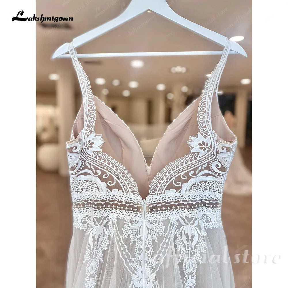 ZapDress Lace Boho Wedding Dress Sexy Beach V Neck Open Back Chic Appliques Spaghetti Straps Bridal Gowns Customized