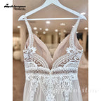 ZapDress Lace Boho Wedding Dress Sexy Beach V Neck Open Back Chic Appliques Spaghetti Straps Bridal Gowns Customized