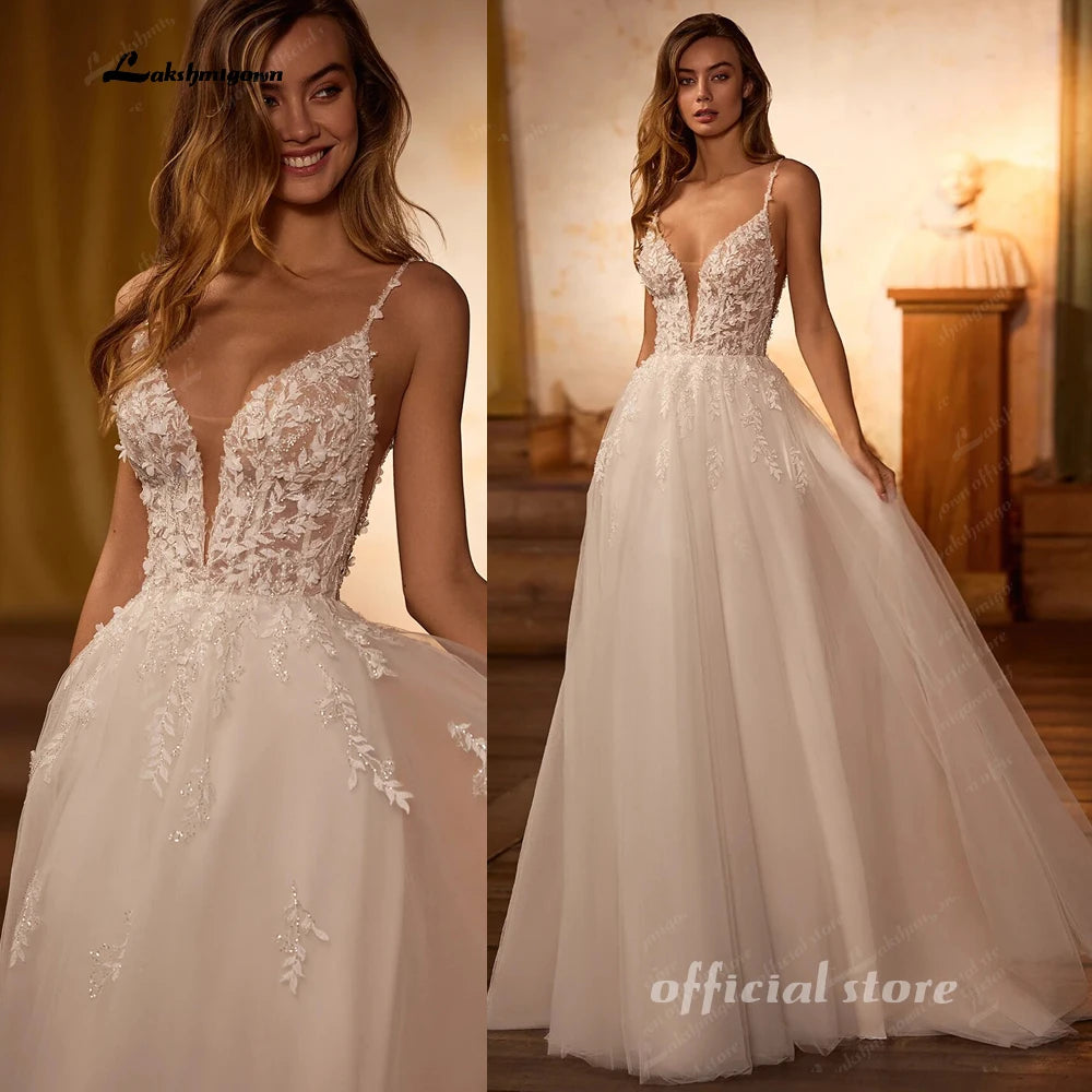ZapDress V Neck Spaghetti Straps Beach Wedding Dresses For Women 2026 Beads Lace Shinny Boho Bridal Party Gown Customized