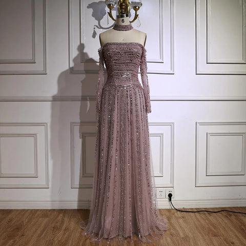 Luxury Caramel Off Shoulder Beaded Mermaid Evening Dress Long Sleeves LA73053