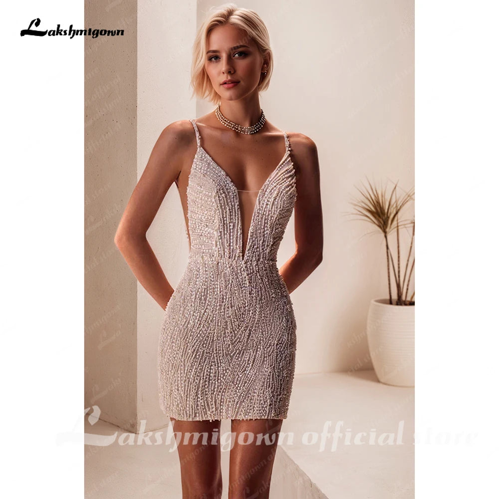 ZapDress Beadings Short Wedding Dress for Woman V-Neck Above Knee Bridal Gown Vestido De Casamento Customized