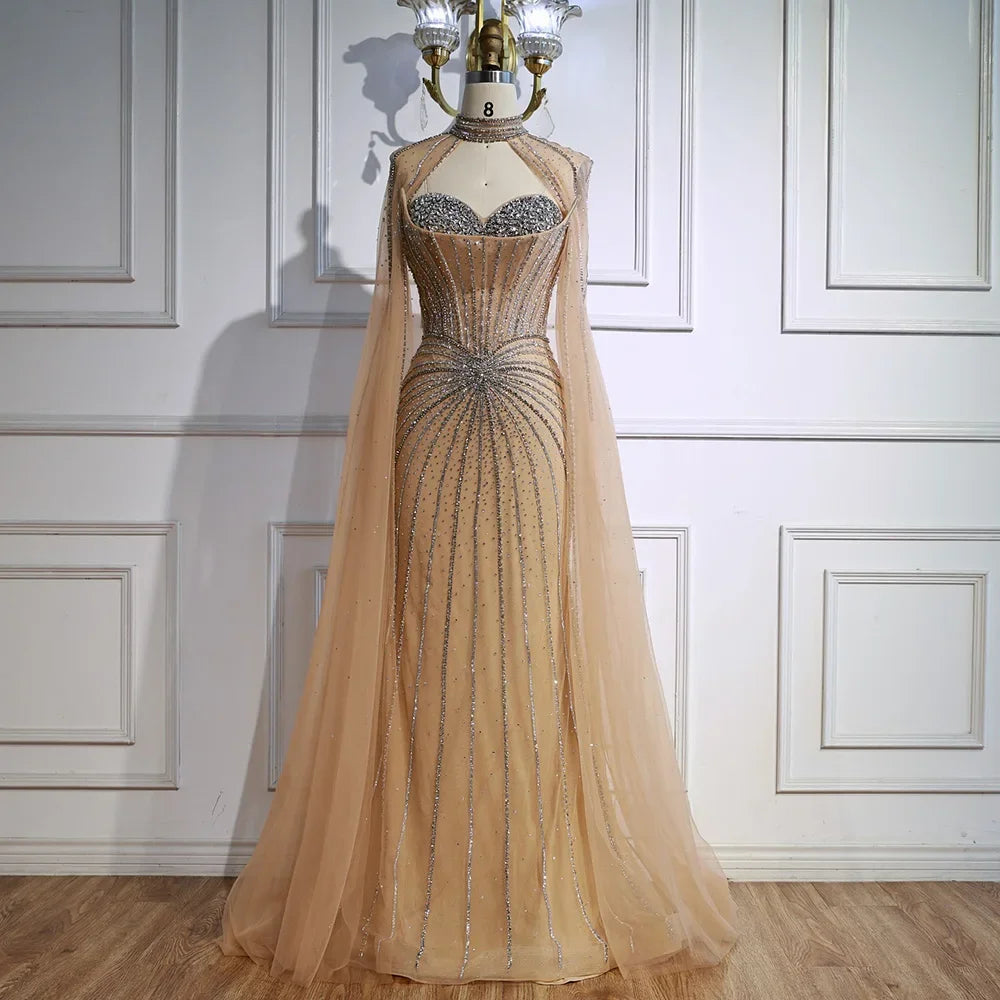 Luxury Nude Elegant Evening Gown Beaded Dress with Cape Sleeves for Formal Party Wear Zapdress DLA72811A Customized