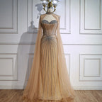 Luxury Nude Elegant Evening Gown Beaded Dress with Cape Sleeves for Formal Party Wear Serene Hill DLA72811A Customized