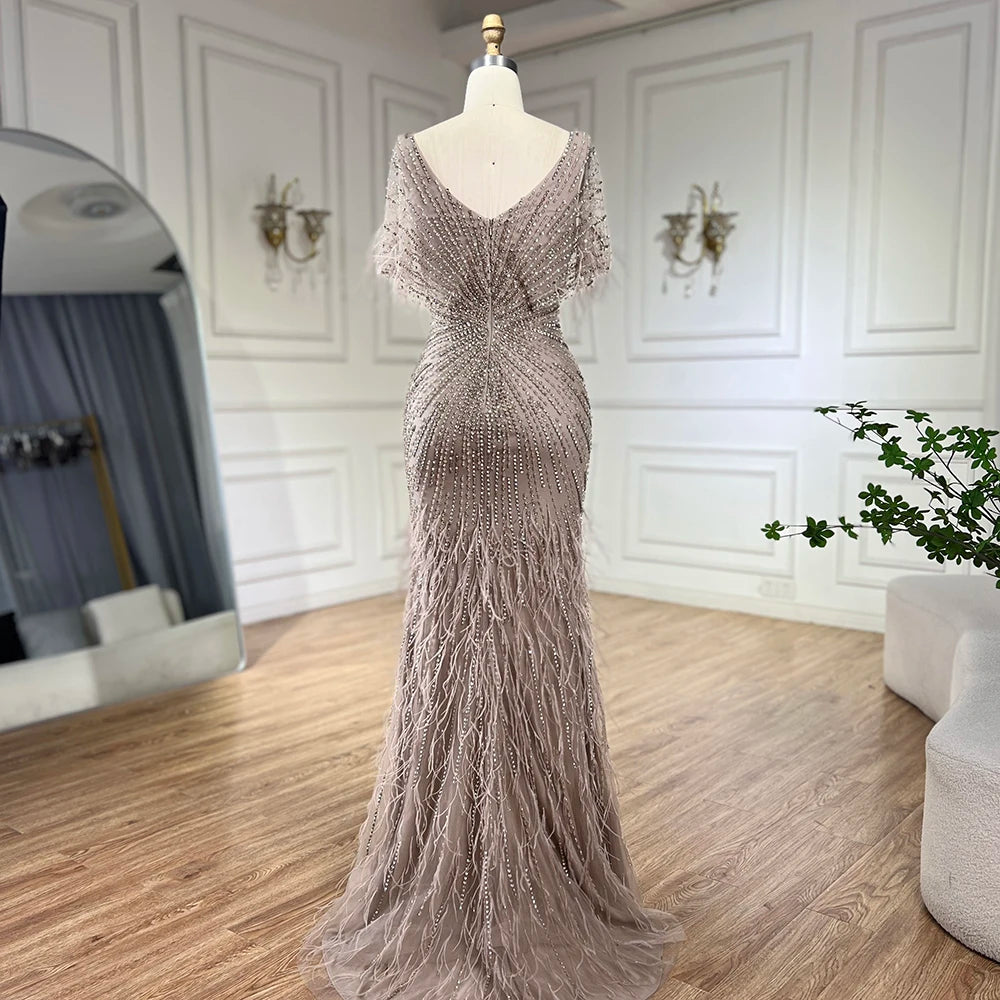 Zapdress Brown Mermaid Beaded Feathers Evening Dresses Elegant Party Gowns for Women DLA71323 Customized (ZD17329)
