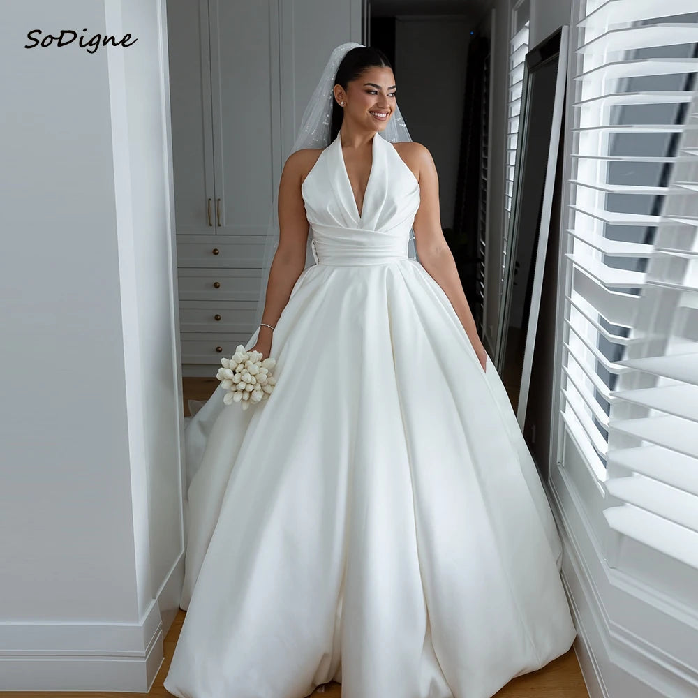 SoDigne A-line Satin Simple Wedding Dresses Sleeveless Halter Bridal Dress Long Wedding Gown Robe De Mairee ﻿Customized