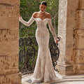 Lceland Poppy Customized Boat Neck Illusion Lace Mermaid Wedding Dresses Full Sleeves Beaded Bridal Gowns