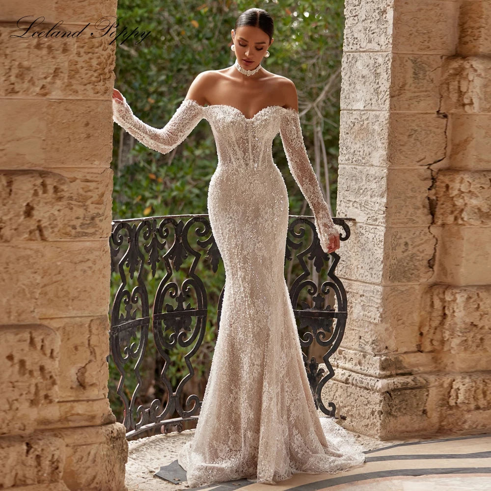 Lceland Poppy Customized Boat Neck Illusion Lace Mermaid Wedding Dresses Full Sleeves Beaded Bridal Gowns