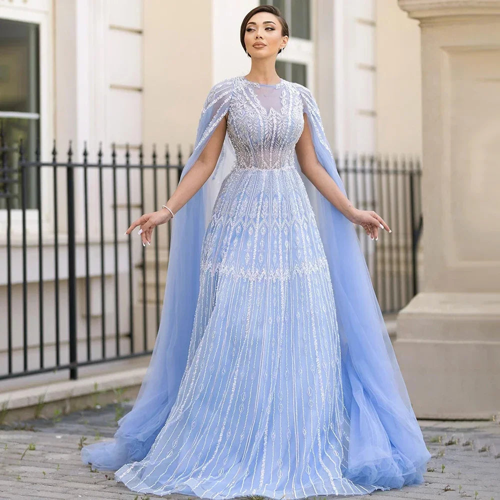 Customized 2025 Muslim A-Line Blue Beaded Elegant Evening Dresses With Cape Sleeves For Wedding Occasion (ZD17385)
