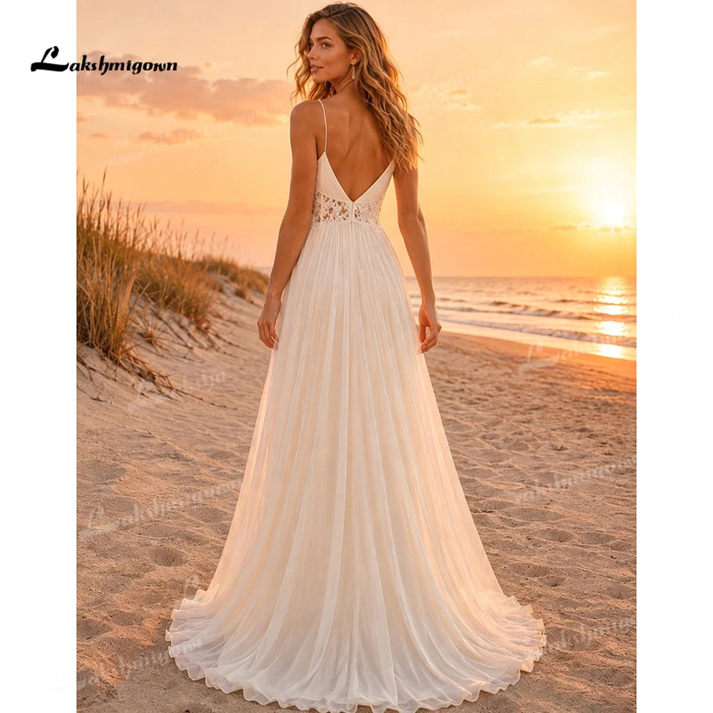 Elegant Deep V Spaghetti Strap Boho Wedding Dress Cutout Chiffon A Line Bridal Gowns Lace Wedding Gowns Beach Customized