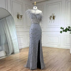 Zapdress Customized 2025 Gray Halter Feathers Beaded Mermaid High Split Evening Dresses Formal Party Gowns for Women (ZD17379)