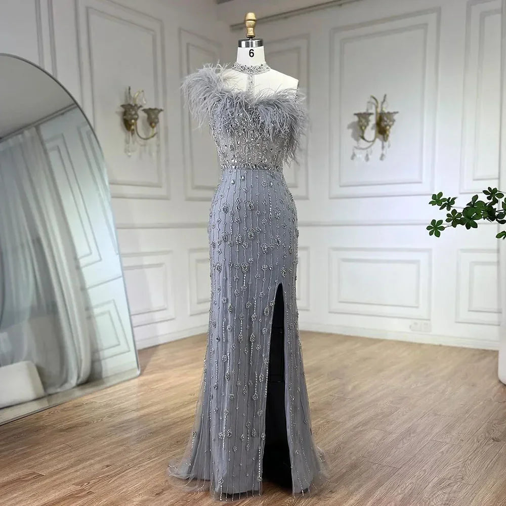 Zapdress Customized 2025 Gray Halter Feathers Beaded Mermaid High Split Evening Dresses Formal Party Gowns for Women (ZD17379)