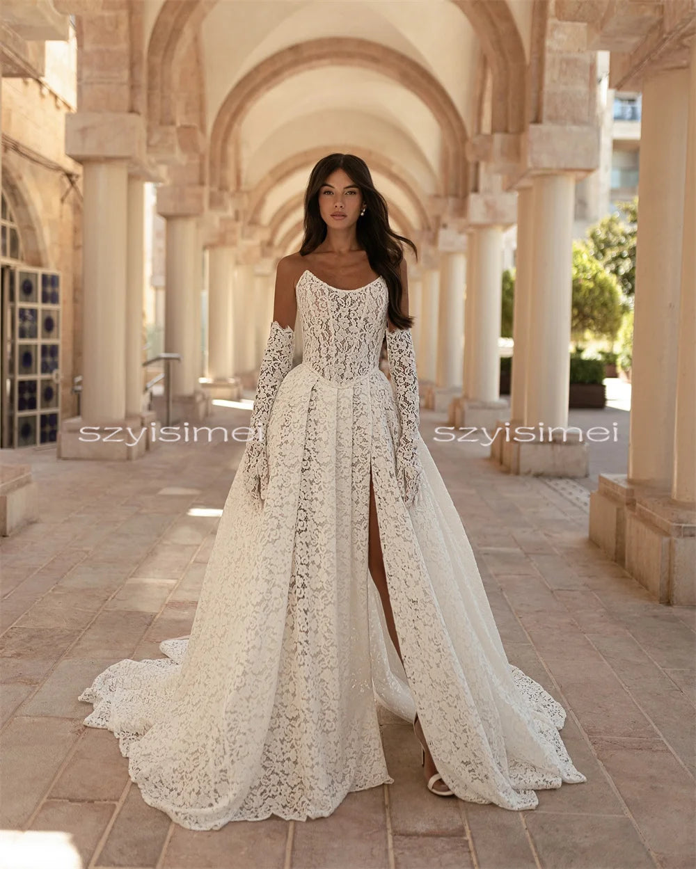Fashion Full Lace Wedding Dress 3/4 Sleeve Strapless Gown with Front Split Custom Made Vestido De Noiva