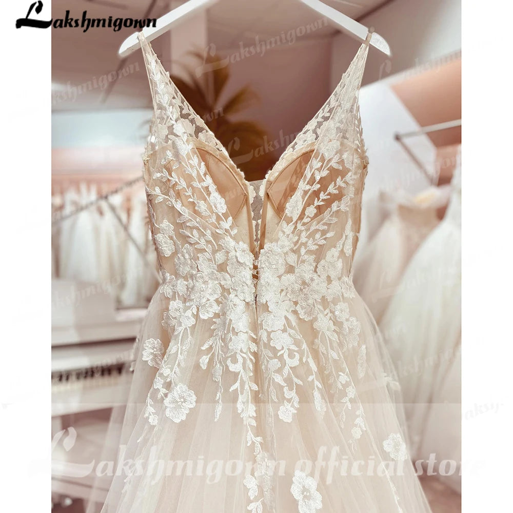ZapDress V neck Tulle Boho Wedding Dresses Customized Lace Appliques A Line Bridal Gown Sukienka Open Back Wedding Gowns