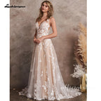 ZapDress Champagne A-Line Wedding Dresses Appliques V-neck Backless Robe Mariee Boho Lace Bridal Gowns  Customized