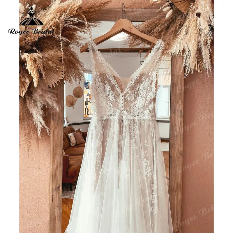 Boheme V Neck Lace Boho Wedding Dress Backless 2025 Robe Mariee Civil Wedding Gowns for Bridal Vestidos de Nova Beach Customized