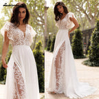 ZapDress Summer Boho Wedding Dresses Beach Lace High Slit Bride Dresses V Neck Wedding Gowns Short Sleeves Customized