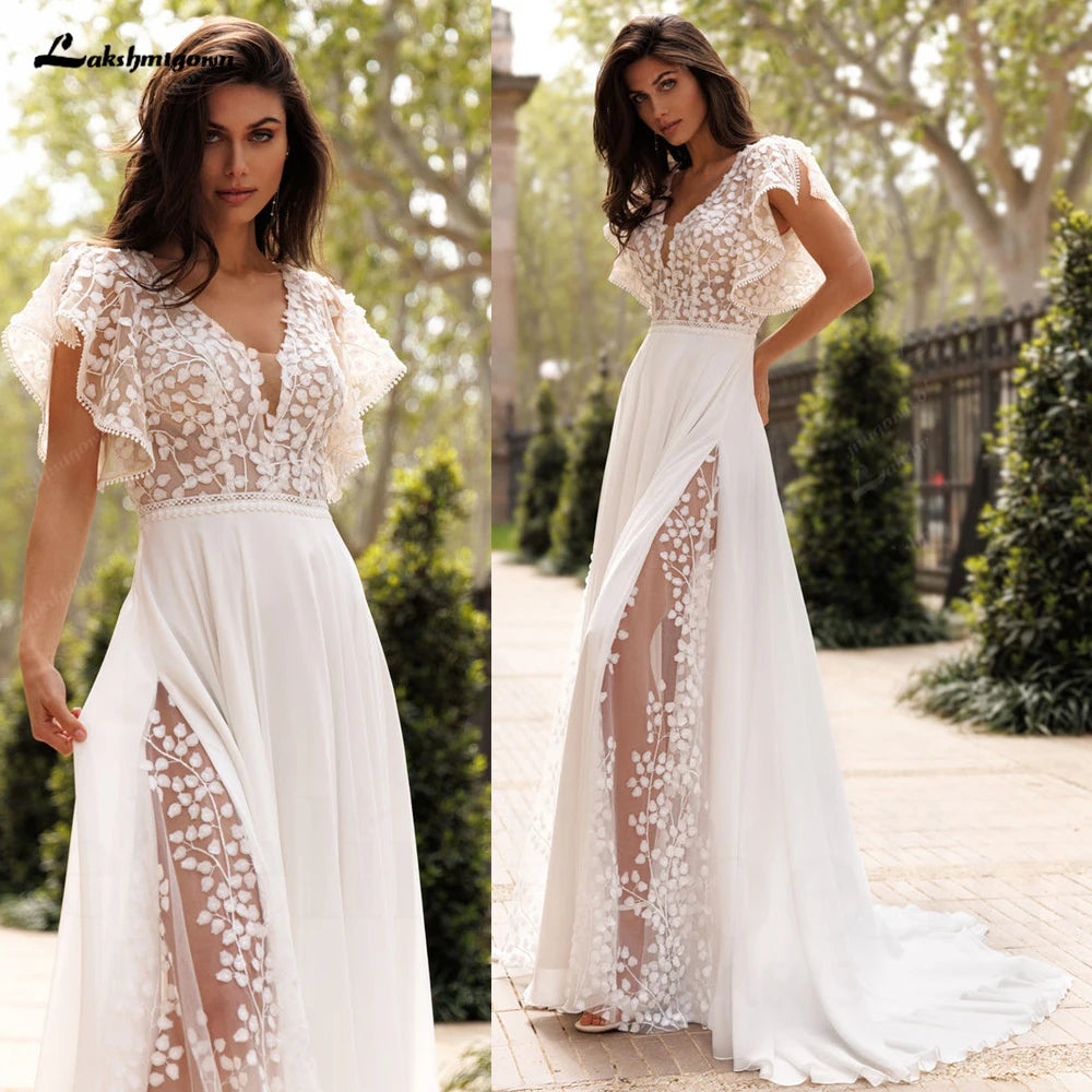 ZapDress Summer Boho Wedding Dresses Beach Lace High Slit Bride Dresses V Neck Wedding Gowns Short Sleeves Customized