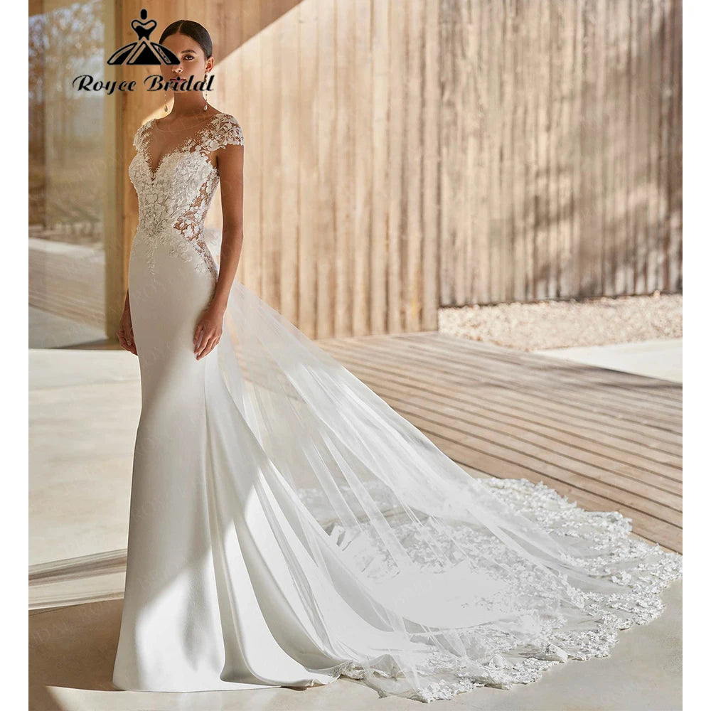 RoyceBridal Cap Sleeve Lace Mermaid Wedding Dress Low Back 3D Floral Appliques Bridal GownVestido De Novia Boda Customized
