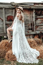Customized Cold Shoulder Bell Sleeve Wedding Dress Bohemian Side Slit Bridal Dress with Train Bridal Gown for Wedding Occasions