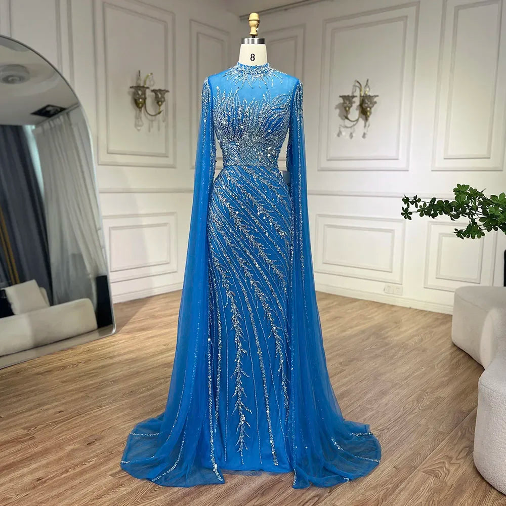 Serene Hill Customized Caramel Mermaid Beaded Cape Sleeves Evening Dresses 2024 Dubai Party Gowns for Women Wedding DLA71885A