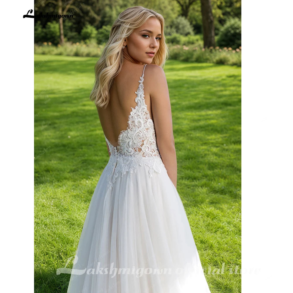 ZapDress Bohemian Spaghetti Straps A-Line Wedding Dress Lace Appliques V-Neck Tulle Open Back Bridal Dress Customized