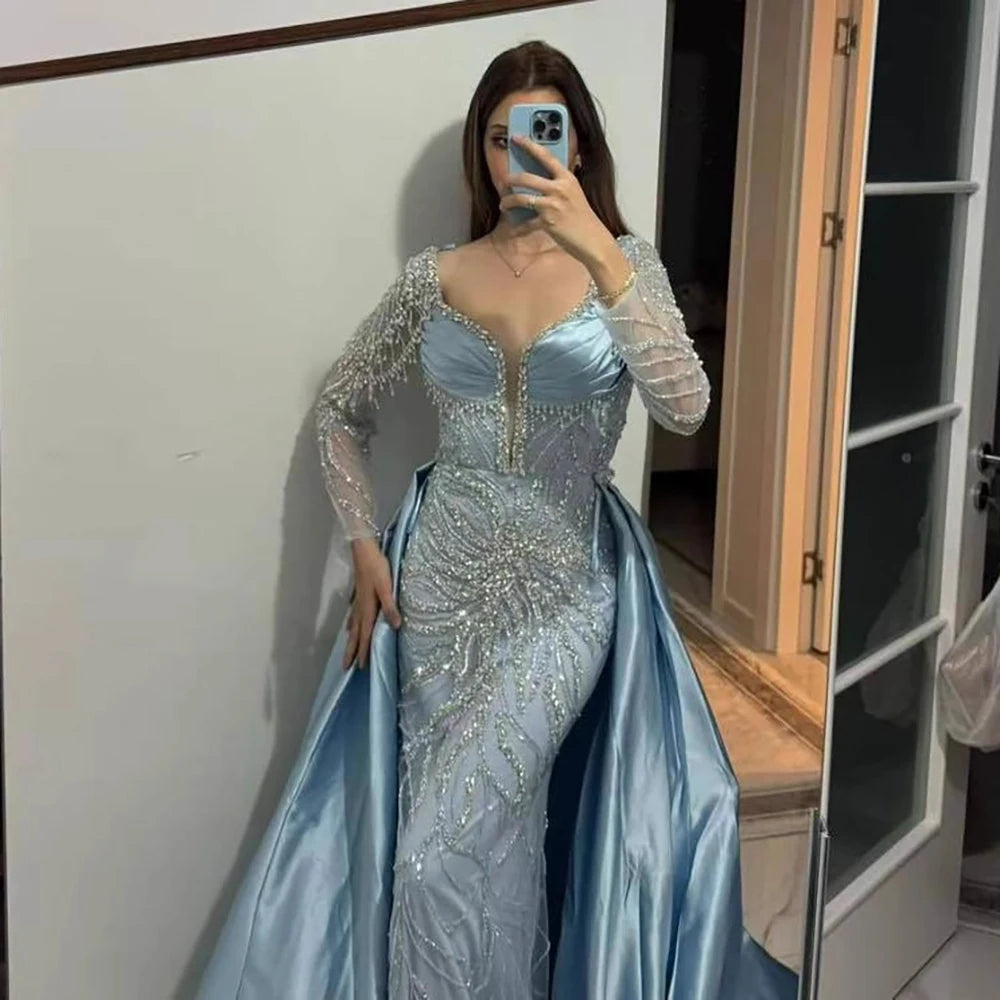 Zapdress Customized 2026 High-end Beaded Blue Long Sleeves Evening Dress with Overskirt Satin Party Gowns for Women (ZD17332)